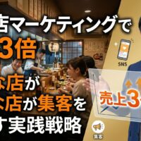 飲食店マーケティングで売上3倍を実現する戦略を解説する専門家と、活気ある居酒屋店内の合成イメージ画像