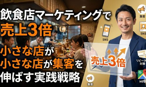 飲食店マーケティングで売上3倍を実現する戦略を解説する専門家と、活気ある居酒屋店内の合成イメージ画像