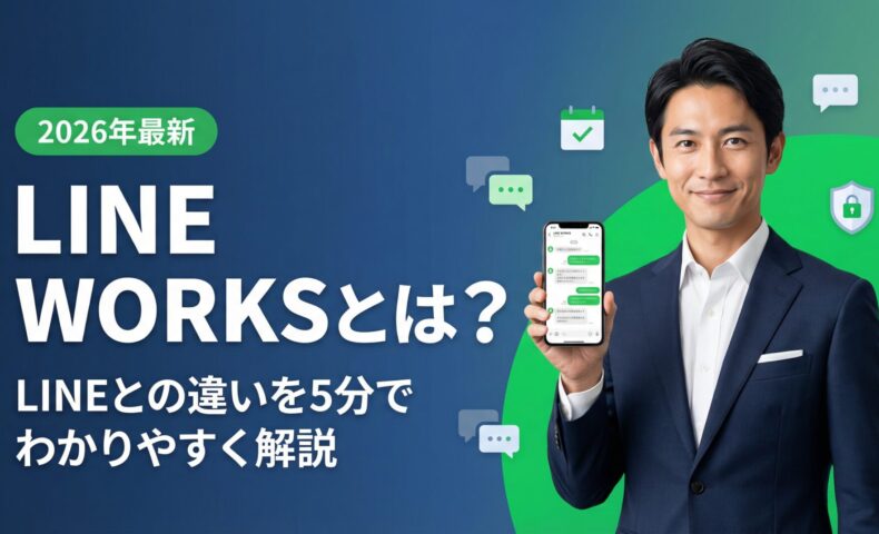 LINE WORKSとは何かを解説する記事のアイキャッチ画像。ネイビースーツを着た信頼感のある日本人男性ビジネスパーソンがLINE WORKSのチャット画面を表示したスマートフォンを手に持ち、笑顔で紹介している。背景はダークネイビーからLINEグリーンへのグラデーション。チャット・カレンダー・セキュリティのアイコンが浮かび、2026年最新の情報を発信するビジネス向けバナー画像。