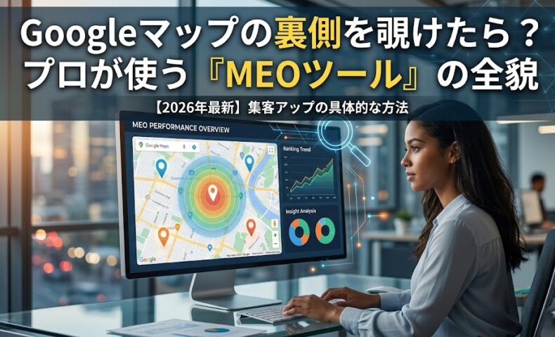 PCモニターに映し出されたGoogleマップの順位計測データと、それを分析する女性Webマーケターの様子。MEOツールの活用シーン。