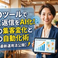 タブレットで右肩上がりのMEOパフォーマンスグラフを提示する女性ビジネスパーソン。背景には活気のある飲食店と、AI返信を象徴するアイコンが配置されたアイキャッチ画像。