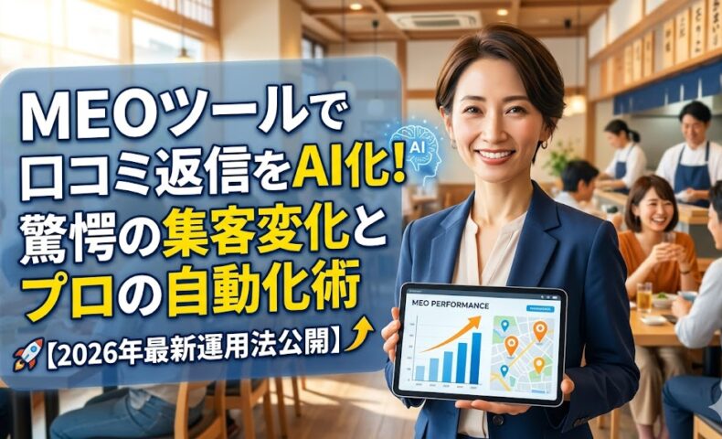 タブレットで右肩上がりのMEOパフォーマンスグラフを提示する女性ビジネスパーソン。背景には活気のある飲食店と、AI返信を象徴するアイコンが配置されたアイキャッチ画像。