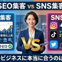 SEO集客とSNS集客を対比したアイキャッチ画像。中央に信頼感ある女性ビジネスコンサルタントが立ち、左パネルにはGoogle検索・検索順位上昇グラフ・キーワード・広告費ゼロバッジを表示。右パネルにはInstagram・TikTok・Twitterのアイコンとフォロワー21,500人増加グラフを表示。中央に金色の「VS」。タイトル「SEO集客 vs SNS集客 あなたのビジネスに本当に合うのはどっち？」