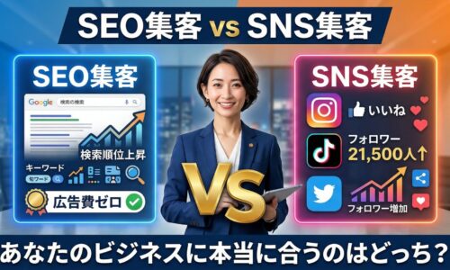SEO集客とSNS集客を対比したアイキャッチ画像。中央に信頼感ある女性ビジネスコンサルタントが立ち、左パネルにはGoogle検索・検索順位上昇グラフ・キーワード・広告費ゼロバッジを表示。右パネルにはInstagram・TikTok・Twitterのアイコンとフォロワー21,500人増加グラフを表示。中央に金色の「VS」。タイトル「SEO集客 vs SNS集客 あなたのビジネスに本当に合うのはどっち？」