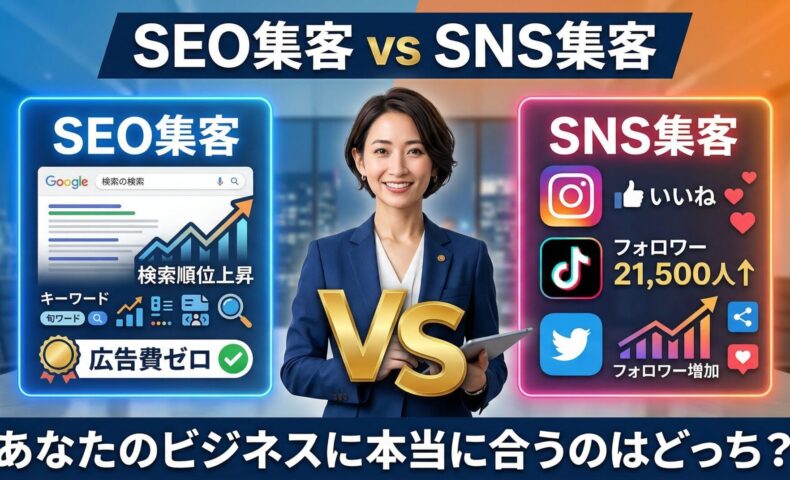 SEO集客とSNS集客を対比したアイキャッチ画像。中央に信頼感ある女性ビジネスコンサルタントが立ち、左パネルにはGoogle検索・検索順位上昇グラフ・キーワード・広告費ゼロバッジを表示。右パネルにはInstagram・TikTok・Twitterのアイコンとフォロワー21,500人増加グラフを表示。中央に金色の「VS」。タイトル「SEO集客 vs SNS集客 あなたのビジネスに本当に合うのはどっち？」