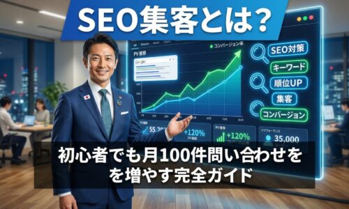 ネイビースーツを着た信頼感あるビジネスコンサルタントが、SEO対策・キーワード・順位UPなどのデジタルマーケティングデータを背景に解説しているアイキャッチ画像。タイトル「SEO集客とは？初心者でも月100件問い合わせを増やす完全ガイド」を表示。
