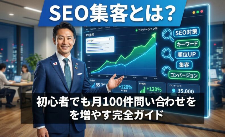 ネイビースーツを着た信頼感あるビジネスコンサルタントが、SEO対策・キーワード・順位UPなどのデジタルマーケティングデータを背景に解説しているアイキャッチ画像。タイトル「SEO集客とは？初心者でも月100件問い合わせを増やす完全ガイド」を表示。