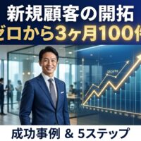 ネイビースーツを着たビジネスマンが、右肩上がりの成長グラフと顧客ネットワーク図を背景に自信を持って立っている。見出しには「新規顧客の開拓｜売上ゼロから3ヶ月100件達成」と記載。