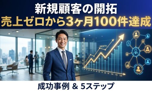 ネイビースーツを着たビジネスマンが、右肩上がりの成長グラフと顧客ネットワーク図を背景に自信を持って立っている。見出しには「新規顧客の開拓｜売上ゼロから3ヶ月100件達成」と記載。