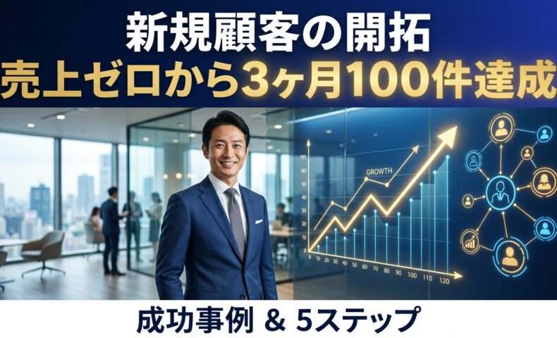 ネイビースーツを着たビジネスマンが、右肩上がりの成長グラフと顧客ネットワーク図を背景に自信を持って立っている。見出しには「新規顧客の開拓｜売上ゼロから3ヶ月100件達成」と記載。