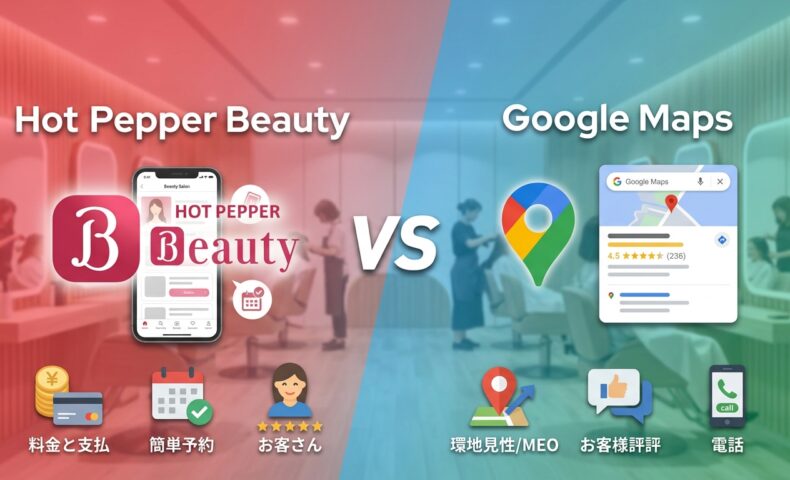 ホットペッパー集客 vs Googleマップ（MEO）どちらが美容室に向いている？2026年最新比較｜アイキャッチ