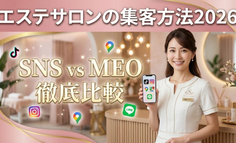 エステサロンの集客方法2026年最新版｜SNS vs MEO徹底比較｜ 白衣を着たエステサロン専門家がスマートフォンを持ち、 TikTok・Instagram・Googleマップなどの集客ツールを紹介している画像