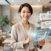 サロン経営の売上アップ戦略を解説する女性コンサルタント。集客、リピーター施策、単価アップのポイントをタブレットで示す、明るく高級感のあるサロン内イメージ。