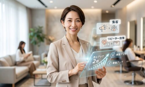 サロン経営の売上アップ戦略を解説する女性コンサルタント。集客、リピーター施策、単価アップのポイントをタブレットで示す、明るく高級感のあるサロン内イメージ。