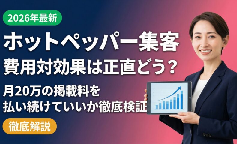 ホットペッパー集客の費用対効果を徹底検証する記事のアイキャッチ画像。ビジネスカジュアルのスーツを着た信頼感ある日本人女性コンサルタントが右側に立ち、上昇グラフを表示したタブレットを手に持ち笑顔でこちらを向いている。背景はネイビーからローズピンクへのグラデーション。お金・グラフ・チェックマークのアイコンが浮かぶ。2026年最新版サロンオーナー向けバナー。