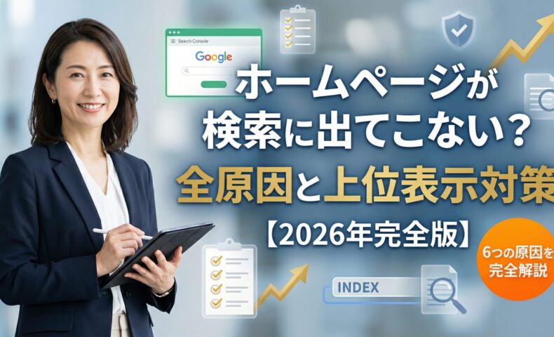 ホームページが検索に出てこない全原因と上位表示対策を解説するSEO専門家の女性コンサルタント。インデックス・Google Search Console・6つの原因を完全解説する2026年版アイキャッチ画像。
