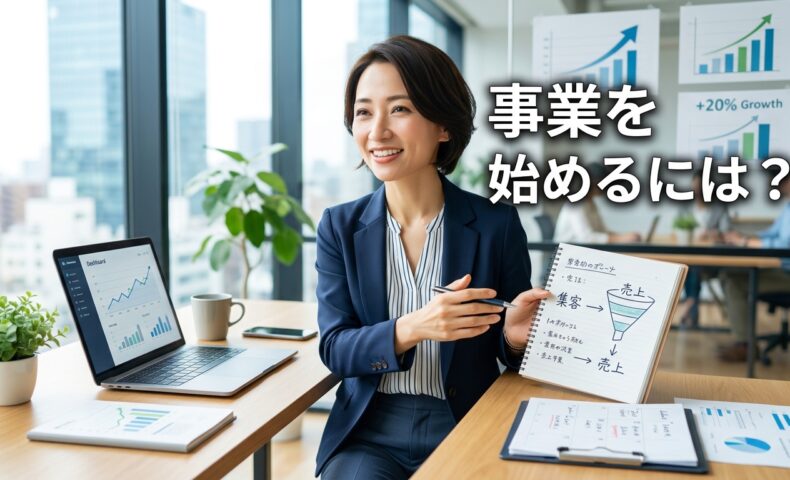 事業を始めるにはどう動けばいいかを考える女性起業家と「事業を始めるには？」の文字が入ったアイキャッチ画像