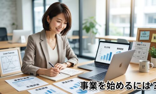 事業を始めるには何が必要かを考える起業準備中の人物と「事業を始めるには？」の文字が入ったアイキャッチ画像