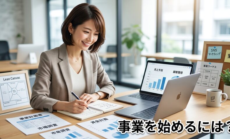事業を始めるには何が必要かを考える起業準備中の人物と「事業を始めるには？」の文字が入ったアイキャッチ画像