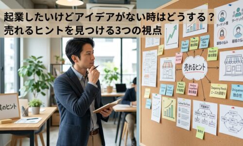 起業したいけどアイデアがない人に向けて、事業アイデアを整理しながら売れるヒントを考える起業家を表現したアイキャッチ画像