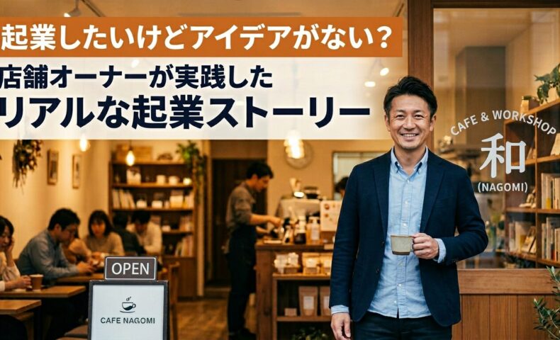 起業したいけどアイデアがないと悩む人に向けて、店舗オーナーが店名NAGOMIの前に立つアイキャッチ画像