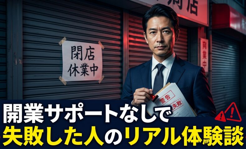 開業サポートなしで廃業した店舗の前に立つスーツ姿の専門家が警告書類を持っている画像