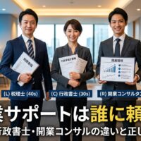開業サポートを提供する税理士・行政書士・開業コンサルタントの3人の専門家がオフィスで並んでいる画像