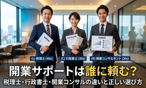 開業サポートを提供する税理士・行政書士・開業コンサルタントの3人の専門家がオフィスで並んでいる画像