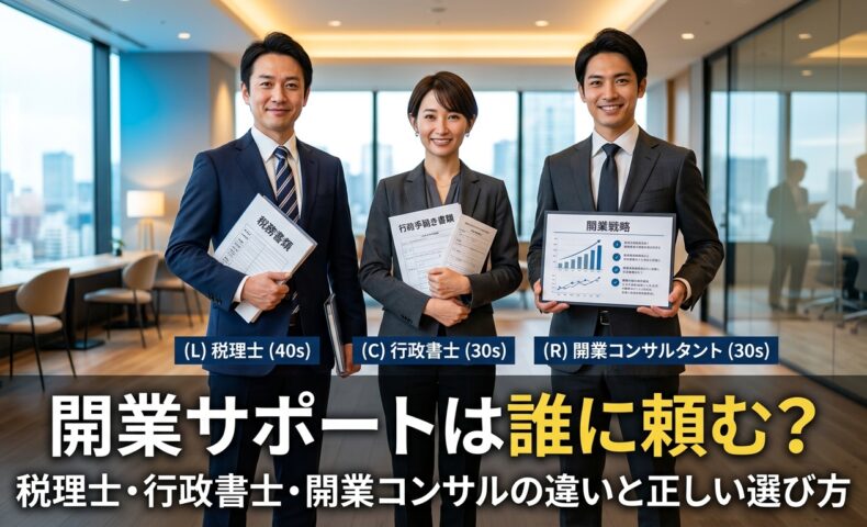開業サポートを提供する税理士・行政書士・開業コンサルタントの3人の専門家がオフィスで並んでいる画像