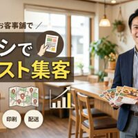 飲食店内でスーツ姿の男性がチラシを持ち、低コストで集客する戦略と反応率アップの方法を表現したアイキャッチ画像