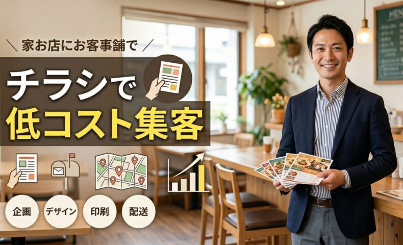 飲食店内でスーツ姿の男性がチラシを持ち、低コストで集客する戦略と反応率アップの方法を表現したアイキャッチ画像