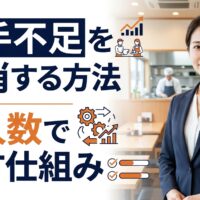 飲食店の店内でビジネスカジュアル姿の女性が立ち、人手不足を解消する方法と少人数で回す仕組みを表現したアイキャッチ画像