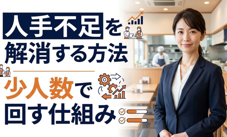 飲食店の店内でビジネスカジュアル姿の女性が立ち、人手不足を解消する方法と少人数で回す仕組みを表現したアイキャッチ画像