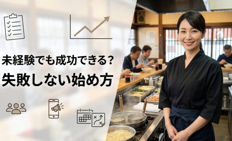ラーメン店の店内で働く女性スタッフが立ち、未経験でも飲食店経営を成功させる始め方を表現したアイキャッチ画像