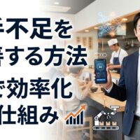 飲食店の店内でエプロンなしの男性が立ち、人手不足をAIと自動化で解決し少人数で回す仕組みを表現したアイキャッチ画像