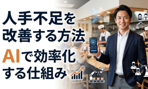 飲食店の店内でエプロンなしの男性が立ち、人手不足をAIと自動化で解決し少人数で回す仕組みを表現したアイキャッチ画像