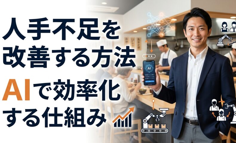 飲食店の店内でエプロンなしの男性が立ち、人手不足をAIと自動化で解決し少人数で回す仕組みを表現したアイキャッチ画像
