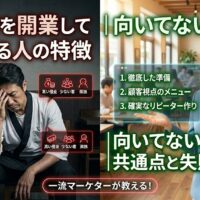 飲食店経営で後悔し失敗する人と、成功回避法を教えるマーケターの対比イメージ。左側に悩む料理人、右側に笑顔の女性マーケターと成功のポイント。