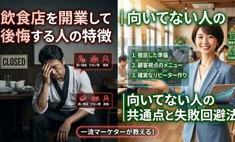 飲食店経営で後悔し失敗する人と、成功回避法を教えるマーケターの対比イメージ。左側に悩む料理人、右側に笑顔の女性マーケターと成功のポイント。