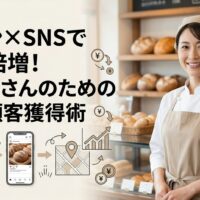 パン屋の店内で笑顔の女性スタッフが立ち、チラシとSNSを組み合わせた低コスト集客と反応率アップを表現したアイキャッチ画像