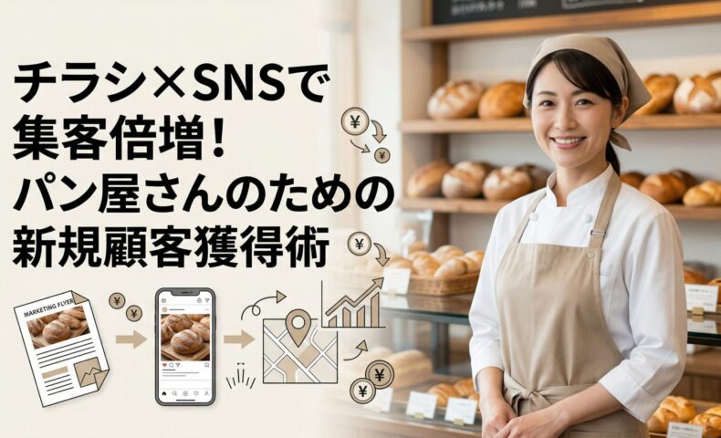 パン屋の店内で笑顔の女性スタッフが立ち、チラシとSNSを組み合わせた低コスト集客と反応率アップを表現したアイキャッチ画像