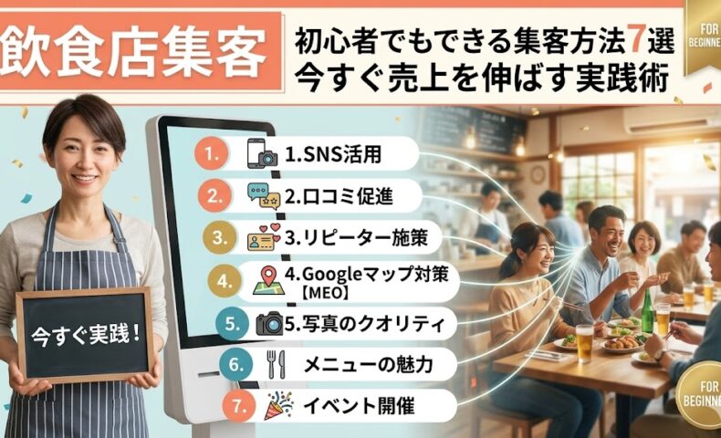 飲食店集客の初心者向け7つの実践術をリスト化したアイキャッチ画像。笑顔の女性店員と、SNS活用やMEO対策などの項目が並ぶ店内の様子。