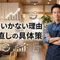 飲食店の店内で40代男性店主が腕組みし、経営がうまくいかない理由と立て直しの具体策を表現したアイキャッチ画像