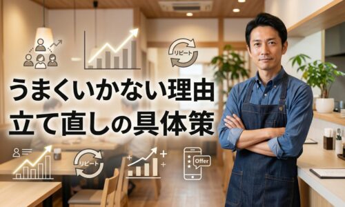 飲食店の店内で40代男性店主が腕組みし、経営がうまくいかない理由と立て直しの具体策を表現したアイキャッチ画像