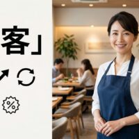 飲食店の店内で笑顔の女性スタッフが立ち、集客で外せない戦略と売上を伸ばす方法を表現したアイキャッチ画像