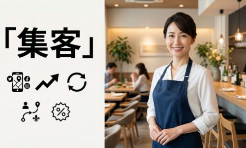 飲食店の店内で笑顔の女性スタッフが立ち、集客で外せない戦略と売上を伸ばす方法を表現したアイキャッチ画像