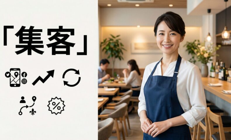 飲食店の店内で笑顔の女性スタッフが立ち、集客で外せない戦略と売上を伸ばす方法を表現したアイキャッチ画像