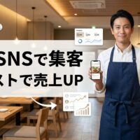 飲食店の店内で40代男性店主がスマホを持ち、AIとSNSを活用した低コスト集客と売上アップを表現したアイキャッチ画像