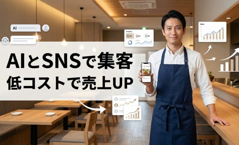 飲食店の店内で40代男性店主がスマホを持ち、AIとSNSを活用した低コスト集客と売上アップを表現したアイキャッチ画像
