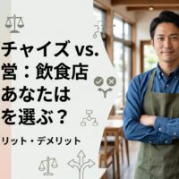 フランチャイズと個人店の違いを比較し、飲食店開業の選び方を示す男性店主入りのアイキャッチ画像
